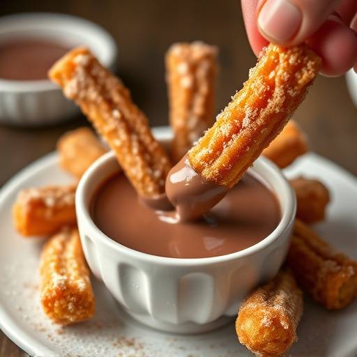 Churros crujientes con una taza de chocolate caliente para mojar.