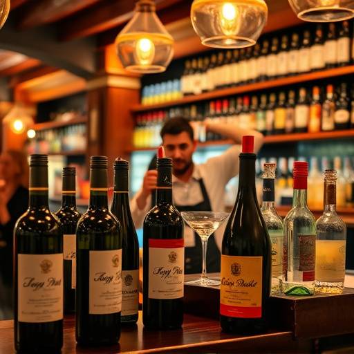 Detalle de la barra del bar con botellas de vino espa&ntilde;ol, copas y una persona preparando c&oacute;cteles.