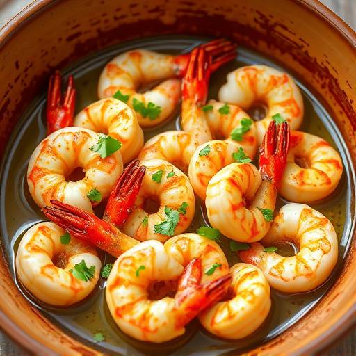 Gambas al ajillo chispeando en una cazuela de barro con aceite de oliva, ajo y perejil.
