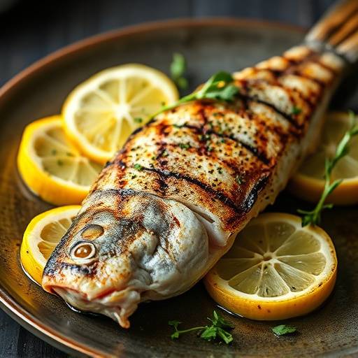 Lubina a la plancha adornada con rodajas de lim&oacute;n y hierbas frescas.