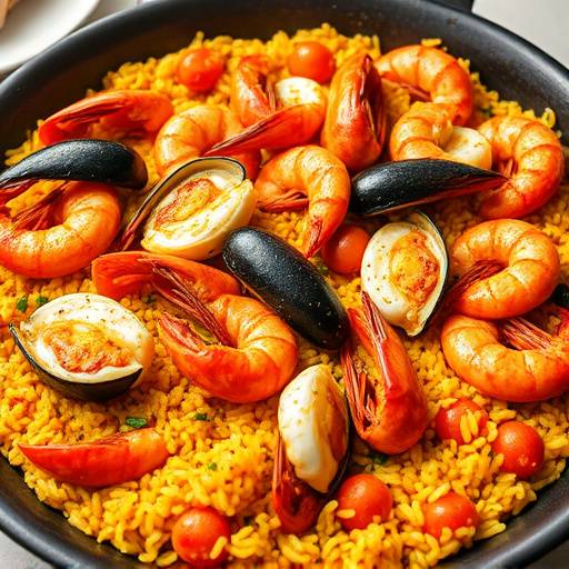 Paella de mariscos con gambas, mejillones, almejas y calamares, resaltando el arroz amarillo azafranado.