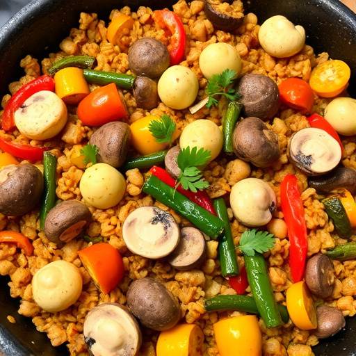 Paella vegetariana con alcachofas, pimientos, setas y otras verduras frescas.