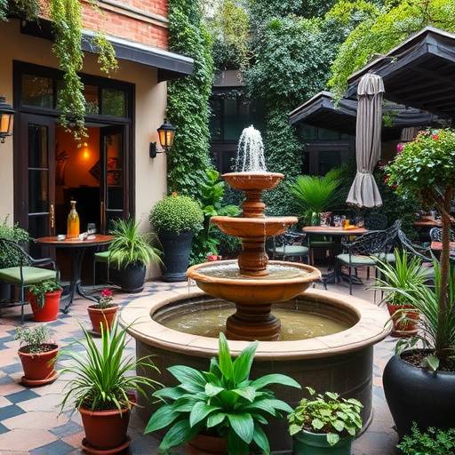 Patio interior del restaurante con plantas, flores y una fuente, creando un ambiente relajante y tranquilo.