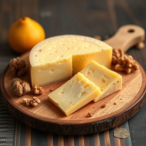 Queso manchego curado servido con membrillo y nueces sobre una tabla de madera.