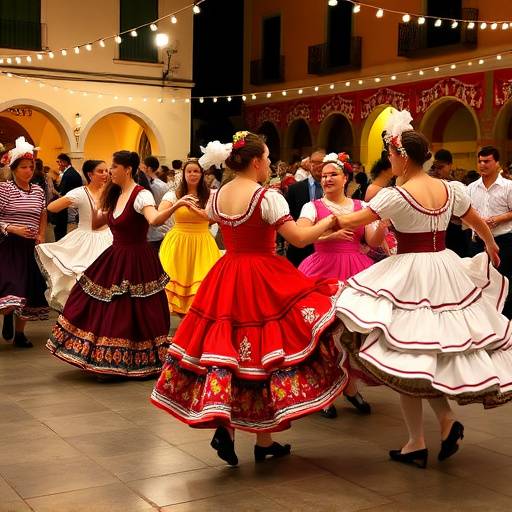 Un grupo de personas bailando sevillanas durante una fiesta en el restaurante, vestidas con trajes tradicionales y disfrutando de la m&uuml;sica y el baile.