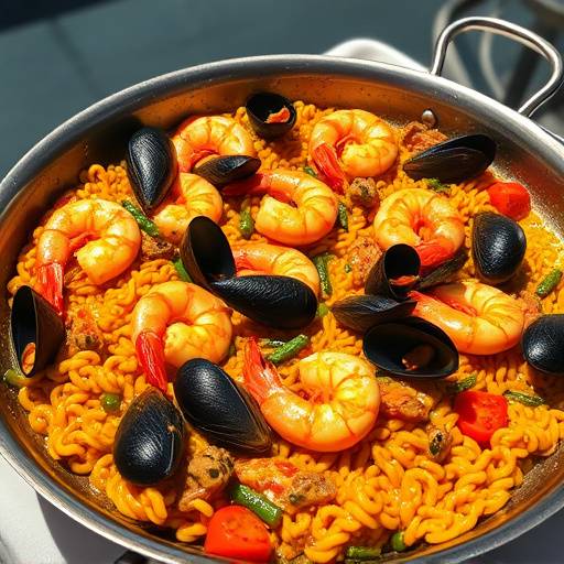 Un plato de paella valenciana servida en una paellera tradicional, con gambas y mejillones visibles.