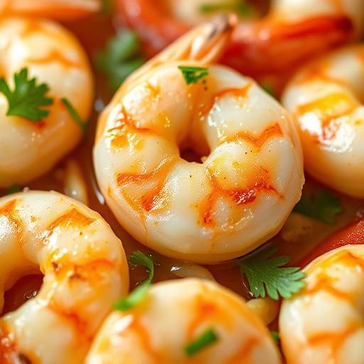 Un primer plano de un plato de gambas al ajillo, con gambas jugosas cocinadas en aceite de oliva, ajo y perejil.