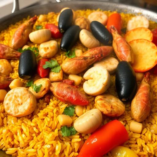 Una paella mixta humeante con mariscos, pollo, verduras y arroz dorado, servida en una paellera tradicional.