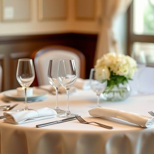 Una vista detallada de una mesa elegantemente puesta con manteles blancos, vajilla fina y copas de vino brillantes, lista para una cena especial.