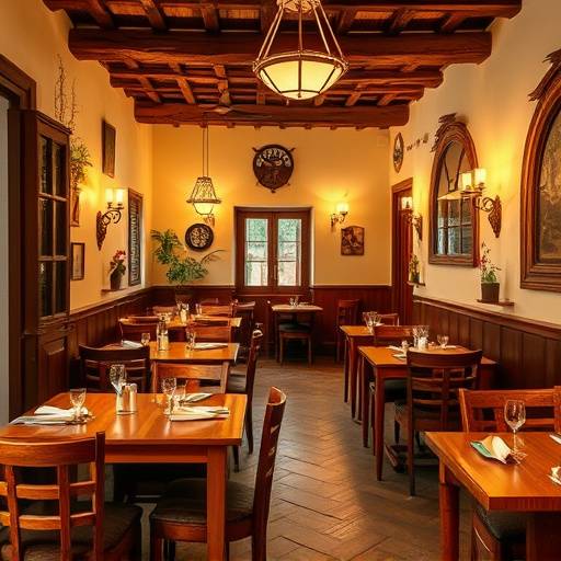 Vista del interior del restaurante con mesas de madera, sillas c&oacute;modas y decoraci&oacute;n de estilo espa&ntilde;ol, incluyendo azulejos y l&aacute;mparas de hierro forjado.